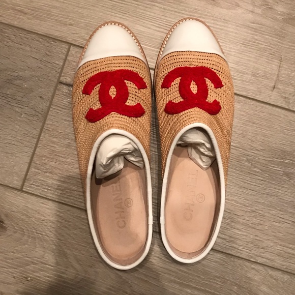 CHANEL Shoes - CHANEL Tan Raffia Espadrille Flats with Red Logo and White Cap Toe